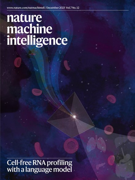 Cover of Nature Machine Intelligence, December 2025, Volume 7, Number 12, titled Cell-free RNA profiling with a language model.